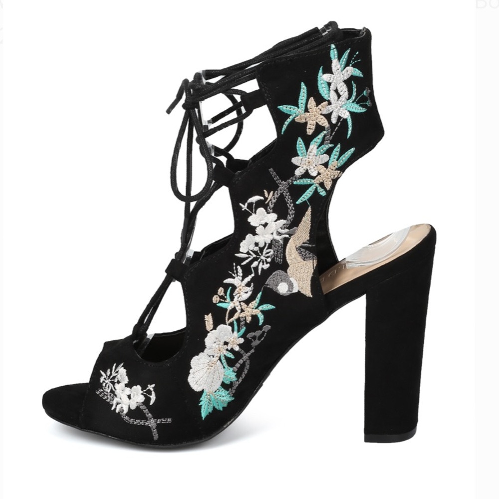 NWOB Faux Suede Peep Toe Embroidered Heel Bootie - Picture 4 of 6